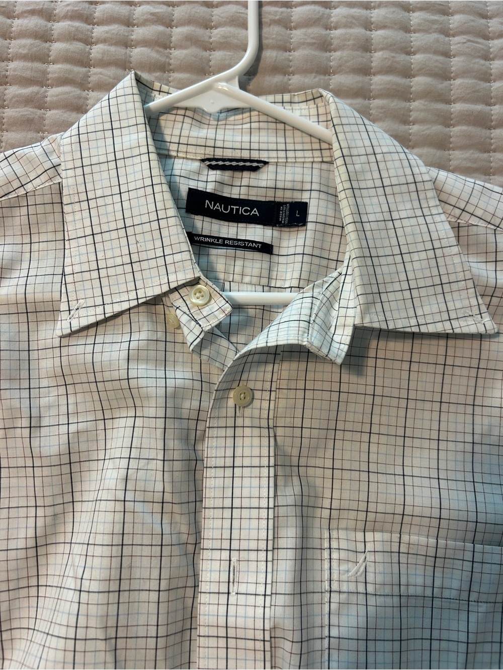 Nautica Men’s White Dress Shirt with Navy Grid